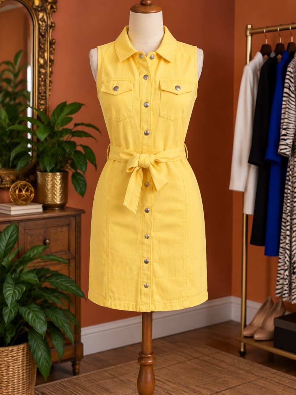 Sleeveless Yellow Button-Front Shirt Dress with Belt